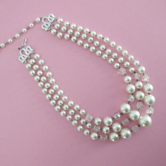 Glass Pearl Bead Necklace Triple Strand Crystals - Picture 8 of 8